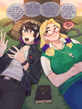 Rule 34 | 2girls, abby (diforland), absurdres, belt, bible (object), black belt, black choker, black hair, black jacket, black nails, black pants, blonde hair, blue pants, book, bright pupils, brown eyes, choker, collared shirt, cross, cross necklace, diforland, english text, glasses, grass, green vest, highres, jacket, jewelry, lydia (diforland), lying, multiple girls, necklace, on back, open clothes, open jacket, original, outdoors, pants, red-framed eyewear, shirt, short hair, short sleeves, speech bubble, thought bubble, tree, vest, white pupils, white shirt