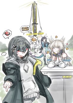 3girls absurdres arknights arknights:_endfield black_gloves black_hair chen_qianyu_(arknights) dr.kim dragon_girl dragon_horns dragon_tail dress endministrator_(arknights) female_endministrator_(arknights) gloves highres horns jacket long_hair multiple_girls open_clothes owl_girl perlica_(arknights) pointing speech_bubble spoken_object tail white_dress