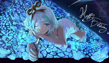 1girl blue_flower braid cecilia_immergreen field flower flower_field gradient_hair green_eyes green_hair hair_between_eyes highres holding holding_flower hololive hololive_english multicolored_hair night nightgown one_eye_closed outdoors solo virtual_youtuber white_hair white_nightgown winding_key yukii91218