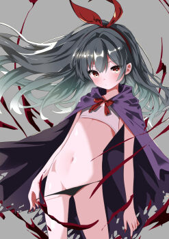 Rule 34 | 1girl, black panties, cape, commentary request, cowboy shot, flat chest, floating hair, grey background, grey hair, hair ribbon, highres, hogihogi3ta, leaning to the side, long hair, looking at viewer, original, panties, petite, purple cape, red eyes, red ribbon, ribbon, simple background, solo, sports bra, underwear, white sports bra