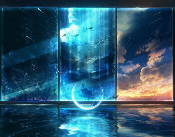 bubble building city city_lights cityscape cloud cloudy_sky fantasy fish flying_fish highres indoors meteor_shower night night_sky no_humans original reflection scenery shooting_star sky skyline skyscraper star_(sky) starry_sky sunrise sunset surreal very_wide_shot water whale window y_y_(ysk_ygc)
