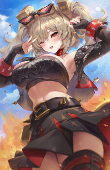 1girl armpits arms_up belt black-framed_eyewear black_belt black_gloves black_jacket black_skirt black_tube_top blonde_hair blue_sky blush breasts burnice_white cano852 cloud day eyewear_on_head fingerless_gloves fire from_below gloves highres jacket large_breasts looking_at_viewer one_eye_closed pleated_skirt red_eyes single_fingerless_glove skirt sky solo spiked_belt strapless tongue tongue_out tube_top two_side_up zenless_zone_zero