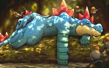 bird blurry blurry_background closed_eyes closed_mouth feraligatr fletchling gen_2_pokemon gen_6_pokemon hattysan log lying nintendo no_humans on_stomach pokemon pokemon_(creature) pokemon_focus pokemon_tcg second-party_source sharp_teeth sleeping spines teeth totodile