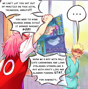 ... 1boy 1girl absurdres amputee arm_up awkward bags_under_eyes bandaged_arm bandages bed blonde_hair collarbone facial_mark female_pervert forehead_protector half-closed_eyes hallway haruno_sakura highres holding holding_magazine hospital_bed hospital_gown magazine_(object) messy_hair naruto_(series) naruto_shippuuden orangelemonart pervert pink_hair pornography red_hair red_shirt screencap shaded_face shirt short_hair short_sleeves spiked_hair spoken_ellipsis squatting t-shirt uncomfortable uzumaki_naruto whisker_markings white_sleeves window yaoi_(object)
