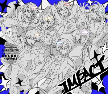 Rule 34 | 6+boys, :d, ;3, ;d, arms behind head, arms up, blue background, character request, closed mouth, fang, glasses, greyscale with colored background, hair between eyes, jacket, male focus, multiple boys, nijisanji, ninahachi, one eye closed, open clothes, open jacket, open mouth, shirt, smile, sparkle, thick eyebrows, v-shaped eyebrows, watarai hibari, watermark, white background