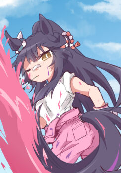 Rule 34 | 1girl, animal ears, beer hsk, black hair, blue sky, breasts, brown eyes, clothing cutout, cloud, day, highres, horse ears, horse girl, horse tail, jumpsuit, jumpsuit around waist, long hair, medium breasts, mouth hold, narita brian (umamusume), one eye closed, outdoors, parted lips, pink jumpsuit, ponytail, shirt, sky, sleeves rolled up, solo, stalk in mouth, tail, tail through clothes, umamusume, very long hair, white shirt