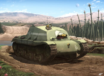 aoi_waffle cannon caterpillar_tracks desert exhaust_pipe fake_text flower grass gun highres machine_gun military military_vehicle motor_vehicle mud original outdoors plant red_flower river rock rusty_front scenery tank tree turretless_tank vehicle_focus weapon