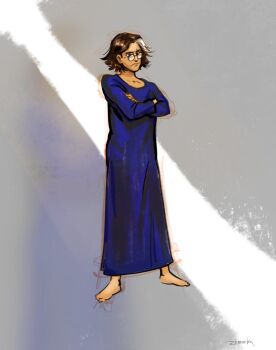 1boy adventure_time barefoot black_eyes black_hair blue_robe crack_of_light crossed_arms glasses head_tilt highres light_frown male_focus official_alternate_costume robe short_hair simon_petrikov single_hair_streak solo standing white_streaks zzhmurrka