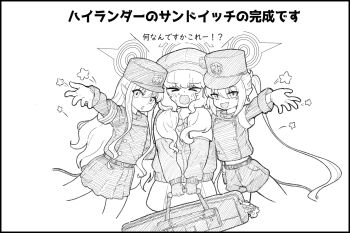 Rule 34 | > <, 3girls, aoba (blue archive), blue archive, commentary request, fang, girl sandwich, gloves, greyscale, halo, hat, highres, hikari (blue archive), jacket, long hair, looking at viewer, low twintails, miniskirt, monochrome, multiple girls, newsboy cap, nozomi (blue archive), open mouth, pointy ears, sandwiched, shorts, skin fang, skirt, tail, translation request, twintails, white background, yakushima