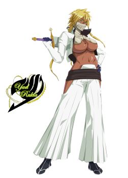 1girl bleach blonde_hair breasts espada green_eyes holding holding_sword holding_weapon large_breasts midriff navel revealing_clothes solo sword tier_harribel underboob weapon yaelrukia