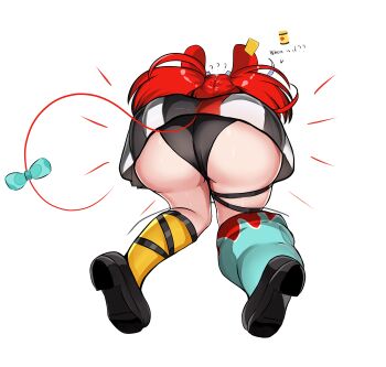 1girl ? absurdres animal_ears ass ass_focus asymmetrical_legwear black_shoes black_streaks bow commentary dice dice_hair_ornament english_text from_behind hair_ornament hakos_baelz hakos_baelz_(1st_costume) highres hololive hololive_english mouse_ears mouse_tail multicolored_hair multicolored_skirt panpanmc4 panties red_hair shoes skirt spoken_question_mark tail tail_bow tail_ornament thigh_strap twintails underwear uneven_twintails vegemite virtual_youtuber white_background white_hair