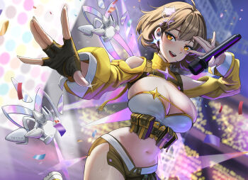 1girl :d absurdres ahoge anis_(nikke) audience bandeau bare_shoulders belt_pouch black_gloves black_shorts blush breasts brown_eyes brown_hair cat_hair_ornament cleavage commentary concert confetti cowboy_shot drone earpiece fingerless_gloves gloves goddess_of_victory:_nikke hair_between_eyes hair_ornament highres holding holding_microphone idol large_breasts looking_at_viewer microphone midriff music navel official_alternate_costume open_mouth outstretched_arm peaceterzero pouch short_shorts shorts shrug_(clothing) side_slit side_slit_shorts sidelocks singing skindentation smile solo stage stage_lights standing standing_on_one_leg sweat teeth turtleneck underbust upper_teeth_only white_bandeau yellow_shrug