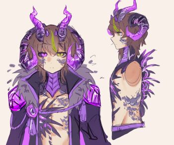 1boy animification black_cape black_sclera brown_hair cape chinese_commentary colored_sclera commentary_request dragon_boy dragon_horns fur_trim green_eyes heterochromia highres horns itzsubz lanchi0226 lifesteal_smp male_focus medium_hair minecraft_youtube mismatched_sclera multicolored_hair multiple_views purple_eyes scales scar simple_background streaked_hair tassel topless_male white_background