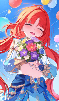 1girl ^_^ balloon blue_flower blue_gemstone blue_nails blue_skirt blue_sky bouquet breasts circlet closed_eyes commentary crop_top day ewaaawa fake_horns fingernails flower gem genshin_impact gold_trim highres holding holding_bouquet horns long_hair long_sleeves medium_breasts nail_polish navel nilou_(genshin_impact) open_mouth outdoors paid_reward_available puffy_long_sleeves puffy_sleeves purple_flower red_flower red_hair skirt sky solo stomach veil very_long_hair white_flower white_veil