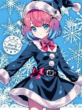 1girl belt blue_background blue_eyes blue_hair blush closed_mouth commentary_request frills hair_ornament hat highres kuon_(monster_strike) monster_strike multicolored_hair pink_hair pink_ribbon ribbon ryo_(0626kk) santa_costume santa_hat short_hair snowflakes standing thighs two-tone_hair
