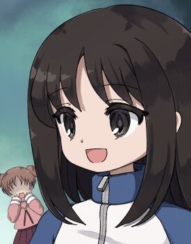 2girls :d azumanga_daiou blue_collar blue_jacket blue_sleeves brown_eyes brown_hair collar green_background gym_teacher happy highres jacket kasuga_ayumu long_hair mihama_chiyo multiple_girls nakobon open_mouth orange_hair scared short_twintails sidelocks smile teacher twintails