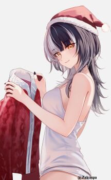 1girl black_hair black_nails blunt_bangs breasts camisole closed_mouth commentary english_commentary from_side fur-trimmed_headwear fur_trim grey_background grey_hair hat highres holding_unworn_jacket hololive hololive_english long_hair looking_at_viewer medium_breasts multicolored_hair nail_polish no_pants panties pom_pom_(clothes) red_hat santa_hat shiori_novella simple_background smile solo split-color_hair underwear virtual_youtuber white_camisole white_panties yellow_eyes zakimpo