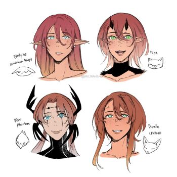 4girls :d blue_eyes brown_hair closed_mouth collarbone commentary courier_(fallout:_new_vegas) cropped_shoulders english_commentary english_text fallout fallout:_new_vegas freckles green_eyes hair_between_eyes horns long_hair milramemo multiple_girls nelyne_(milramemo) noelle_rutherford open_mouth original pointy_ears simple_background smile white_background