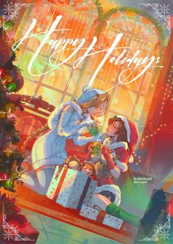 2girls aerith_gainsborough aerith_gainsborough_(fairy_of_snowfall) black_hair box braid braided_ponytail brown_hair capelet character_doll christmas christmas_lights christmas_ornaments christmas_present christmas_tree commentary cup doll dress english_commentary fawkesart final_fantasy final_fantasy_vii final_fantasy_vii:_ever_crisis fur-trimmed_capelet fur-trimmed_headwear fur-trimmed_skirt fur_trim gift gift_box gloves happy_holidays hat highres holding holding_cup kneeling long_hair looking_at_another multiple_girls official_alternate_costume pom_pom_(clothes) ponytail red_capelet red_gloves red_hat red_skirt santa_hat sitting skirt sweater sweater_dress thighhighs tifa_lockhart tifa_lockhart_(fairy_of_the_holy_flame) twitter_username white_hat white_sweater white_thighhighs window yokozuwari