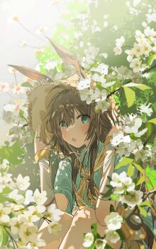 1girl absurdres amiya_(arknights) animal_ear_fluff animal_ears aqua_dress aqua_eyes arknights blush brown_hair coomlee dress ears_through_headwear hat highres jewelry long_hair looking_at_viewer multiple_rings neckerchief open_mouth rabbit_ears rabbit_girl ring sidelocks solo straw_hat yellow_neckerchief