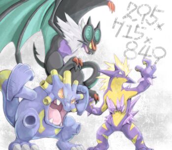 Rule 34 | absurdres, commentary request, exploud, fangs, gen 3 pokemon, gen 6 pokemon, gen 8 pokemon, hands up, highres, katkichi, nintendo, noivern, nostrils, open mouth, pokedex number, pokemon, pokemon (creature), pokemon focus, skin fangs, smile, teeth, toxtricity, toxtricity (amped), trait connection