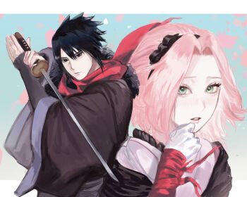 1boy 1girl alternate_costume black_eyes black_hair black_hairband brown_coat coat commentary expressionless fur_trim gloves green_eyes hairband haruno_sakura hashtag-only_commentary highres holding holding_sword holding_weapon katana meomeorrrr naruto_(series) naruto_shippuuden parted_lips petals pink_hair red_scarf scarf sleeves_past_wrists sword teeth uchiha_sasuke upper_teeth_only weapon white_gloves