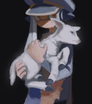 1girl agent_3_(splatoon) animal baby_animal black_background dr_mice grey_hair hat headphones highres holding holding_animal inkling lamb long_hair long_sleeves looking_at_viewer nintendo no_mouth orange_eyes patchwork_clothes peaked_cap sheep simple_background splatoon_(series) splatoon_3 sweat tentacle_hair