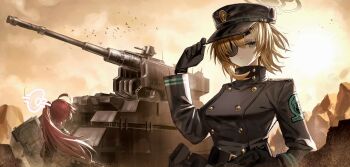 2girls absurdres adjusting_clothes adjusting_headwear ahoge ballistic_shield beretta_1301 black_coat black_gloves black_hat blonde_hair blue_archive breasts brown_halo bulletproof_vest buttons coat commentary double-breasted eyepatch gloves grey_eyes gun halo hat highres hoshino_(armed)_(blue_archive) hoshino_(blue_archive) large_breasts long_hair multiple_girls one_eye_covered orange_sky outdoors peaked_cap pink_hair pink_halo ponytail railway_gun senakira shield shirt short_hair shotgun simple_bird sky suou_(blue_archive) weapon white_shirt