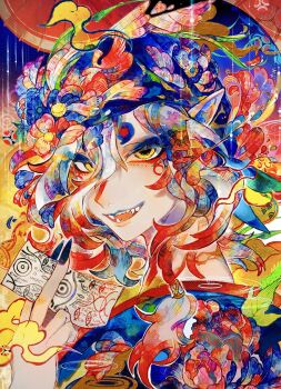 1boy bandana black_nails blue_bandana colorful commentary facial_mark fangs floating_hair flower flower_on_head hair_between_eyes hair_flower hair_ornament hair_tie hand_up highres holding image_sample japanese_clothes kimono kita_kai kusuriuri_(mononoke) leaf looking_at_viewer makeup male_focus mononoke ofuda open_mouth pointy_ears sharp_teeth smile solo teeth tongue twitter_sample upper_body white_hair yellow_eyes