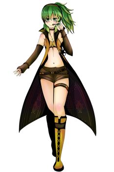 Rule 34 | 1girl, adjusting headphones, artist request, boots, brown gloves, brown shorts, closed mouth, coat, collarbone, crop top, elbow gloves, fingerless gloves, full body, gloves, gradient clothes, green eyes, green hair, headphones, multicolored coat, navel piercing, piercing, ponytail, shirt, shorts, smile, solo, sonika, standing, straight-on, third-party source, transparent background, two-tone coat, vocaloid, yellow boots, yellow coat, yellow shirt