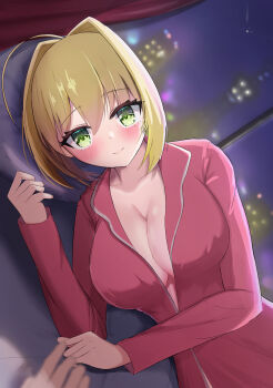 1girl absurdres ahoge blonde_hair blush breasts cleavage fate/extra fate_(series) green_eyes hair_between_eyes hair_intakes highres homeabout large_breasts looking_at_viewer lying nero_claudius_(fate) nightgown on_bed on_side pov pov_across_bed red_nightgown smile