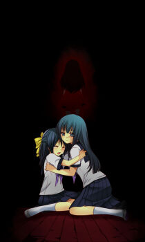 Rule 34 | 2girls, black hair, blue eyes, blue hair, bow, corpse party, corpse party zero, crying, dress, hair bow, hair ribbon, hasegawa kaori, hasegawa shiho (corpse party), hime cut, hug, long hair, looking at viewer, multiple girls, onoe junki, red dress, ribbon, ruins, school uniform, seiza, serafuku, shinozaki sachiko, shoes, siblings, sisters, sitting, tears, uwabaki