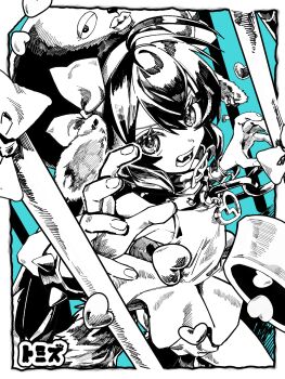 1girl absurdres ahoge angry beast_dance_(vocaloid) bloomers bow bowl bracelet cage chain chain_leash claw_pose collar commentary_request cuffs dress eel_hat eyelashes fangs foreshortening greyscale greyscale_with_colored_background hair_between_eyes hat hat_bow heart highres in_cage jewelry leash monochrome multiple_necklaces necklace o-ring_collar otomachi_una perspective pet_bowl reaching reaching_towards_viewer shackles solo spiked_bracelet spikes spot_color tail tomizu twintails underwear v-shaped_eyebrows vocaloid