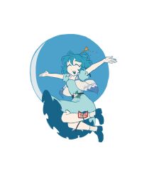 Rule 34 | 1girl, black footwear, blue dress, blue hair, closed eyes, collared vest, commentary request, dress, full body, hair ornament, hair rings, hair stick, highres, jumping, kaku seiga, medium bangs, ofuda, open clothes, open mouth, open vest, outstretched arms, puffy short sleeves, puffy sleeves, shoes, short hair, short sleeves, smile, solo, spread arms, taco touhou, teeth, touhou, upper teeth only, vest, white background, white vest