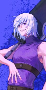 1boy blue_background commentary highres hoozuki_suigetsu male_focus momoyoru1 naruto_(series) naruto_shippuuden over_shoulder purple_eyes purple_shirt sharp_teeth shirt sleeveless sleeveless_shirt smile solo teeth turtleneck upper_body weapon weapon_over_shoulder white_hair