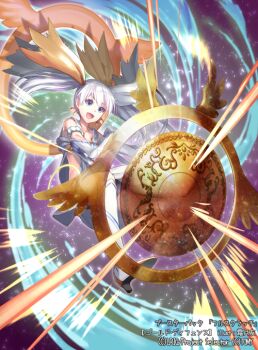 1girl boots copyright_notice dress grey_eyes high_heel_boots high_heels holding holding_shield long_hair looking_at_viewer official_art ori_simo shield smile solo tama_(wixoss) twintails very_long_hair white_boots white_dress white_hair wixoss