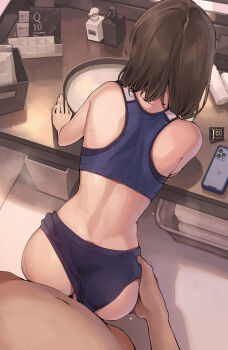 1boy 1girl absurdres back bent_over blue_buruma blue_sports_bra brown_hair buruma buruma_aside cellphone clothed_female_nude_male clothed_sex clothing_aside condom facing_away hetero highres koh_(minagi_kou) medium_hair nude original paid_reward_available penis phone pov revision sex sex_from_behind smartphone soap_dispenser solo_focus sports_bra sweat track_uniform user_interface