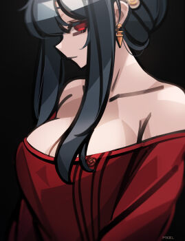 1girl bare_shoulders black_background black_hair breasts cleavage closed_mouth collarbone commentary commentary_request earrings expressionless highres jewelry large_breasts long_sleeves looking_at_viewer makaroll off-shoulder_sweater off_shoulder red_eyes red_sweater sidelocks simple_background spy_x_family sweater yor_briar