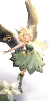 Rule 34 | absurdres, ahoge, black wings, blonde hair, bob cut, boots, breasts, cleavage, closed eyes, dress, duel monster, fairy, flower, flying, full body, green dress, green footwear, highres, hugin the runick wings, knee boots, medium breasts, medium hair, puka (puka bgart), sleeveless, sleeveless dress, smile, white background, wings, yu-gi-oh!
