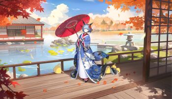 1girl absurdres architecture azur_lane blue_hair blue_kimono blue_streaks breasts east_asian_architecture gascogne_(azur_lane) gascogne_(traveling_mood_mechanism)_(azur_lane) hair_ornament headgear highres holding holding_umbrella japanese_clothes kimono lake leaf liduke long_sleeves looking_at_viewer manjuu_(azur_lane) maple_leaf maple_tree multicolored_hair non-web_source official_alternate_costume official_art outdoors short_hair solo tree umbrella water yellow_eyes