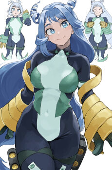 1girl absurdres blue_bodysuit blue_eyes blue_hair blush bodysuit boku_no_hero_academia breasts closed_eyes closed_mouth drill_hair fengling_(furin-jp) gloves green_bodysuit hado_nejire hair_horns highres long_hair looking_at_viewer medium_breasts multicolored_bodysuit multiple_expressions parted_lips simple_background skin_tight smile superhero_costume twin_drills very_long_hair white_background yellow_gloves