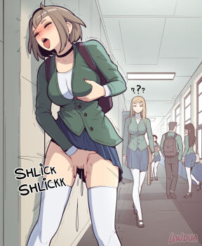 1boy 4girls ?? backpack bag blue_skirt breasts brown_hair choker closed_eyes clothed_masturbation confused exhibitionism eyeliner female_masturbation grabbing_own_breast green_shirt high_heels highres lewdua lipstick looking_at_another makeup mascara masturbation multiple_girls nail_polish no_panties public_indecency pussy_juice pussy_juice_drip shaking shirt short_hair skirt standing sweat sweatdrop thighhighs tongue tongue_out undershirt walking window