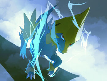 electricity fog fusenryo gen_3_pokemon looking_up manectric nintendo no_humans pokemon pokemon_(creature) red_eyes walking_towards_viewer