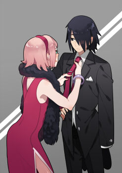 1boy 1girl adjusting_clothes adjusting_necktie amputee black_hair boruto:_naruto_the_movie bracelet dress feather_boa formal_clothes hair_over_one_eye haruno_sakura husband_and_wife jewelry luo. naruto_(classic) naruto_(series) necktie pink_hair red_dress short_hair side_slit suit tie_clip uchiha_sasuke