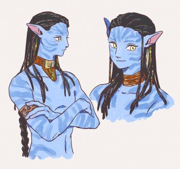Rule 34 | 1boy, armlet, beads, black hair, blue skin, body markings, braid, colored skin, cropped torso, crossed arms, dreadlocks, grey background, hair beads, hair ornament, highres, james cameron's avatar, jewelry, long hair, male focus, monster boy, multiple views, natsuko sub02, neteyam, single braid, upper body, very long hair, yellow eyes