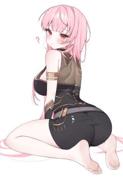1girl ? adapted_costume ass barefoot black_dress blush breasts dress feet gold_trim highres hololive hololive_english large_breasts long_hair looking_at_viewer looking_back mori_calliope mori_calliope_(1st_costume) pink_eyes pink_hair soles very_long_hair virtual_youtuber yufu
