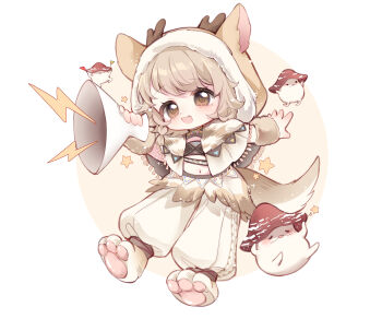 1girl absurdres animal_ear_hood arm_warmers baggy_pants blush_stickers brown_arm_warmers brown_eyes brown_hair brown_hood brown_shirt chibi chinese_commentary circle cloak commentary_request crop_top dot_nose fake_animal_ears fake_antlers fake_tail fang forest_folk_(infinity_nikki) fringe_trim full_body fur-trimmed_hood fur_arm_warmers fur_trim giant giantess happy highres holding holding_megaphone hood hood_up hooded_cloak horned_hood horns infinity_nikki light_blush light_particles megaphone mushroom navel nikki_(series) nuli_de_chengzhi_er open_mouth pants paw_shoes shirt shoes short_hair shouting shroomling_(infinity_nikki) smile star_(symbol) tail tareme textless_version two-tone_background white_background white_cloak white_pants white_shoes yellow_background