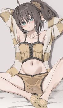1girl absurdres ahoge armpits arms_up breasts brown_hair cardigan closed_mouth commentary green_eyes highres hololive long_sleeves looking_at_viewer midriff natsuiro_matsuri navel open_cardigan open_clothes orange_shorts scarlet_(wv0102) short_shorts shorts side_ponytail sitting small_breasts solo striped_cardigan striped_clothes symbol-only_commentary