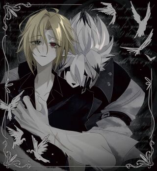 0w0_back 2boys absurdres animal_ears bicep_strap bird black_shirt blonde_hair body_fur collarbone colored_tips commentary_request dark_background english_text facing_viewer furry furry_male furry_with_non-furry grey_eyes grey_vest hair_between_eyes hair_over_one_eye half-closed_eyes heterochromia highres hug hug_from_behind hugo_vlad interspecies looking_down male_focus mole mole_under_eye multicolored_hair multiple_boys muzzle_(mask) open_mouth partially_unbuttoned pectoral_cleavage pectorals pointy_ears red_eyes scar scar_on_arm shirt sleeves_rolled_up vest von_lycaon white_bird white_fur white_hair white_shirt wolf_boy wolf_ears yaoi zenless_zone_zero