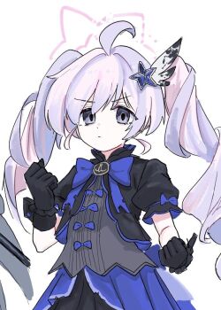 1girl ahoge alternate_color alternate_eye_color black_gloves black_jacket black_skirt blue_archive blue_bow blue_bowtie blue_skirt bow bowtie brooch clenched_hands closed_mouth commentary cropped_jacket dark_persona dot_nose drill_hair eiraku_tee empty_eyes fighting_stance gloves grey_eyes grey_shirt hair_ornament halo hands_up jacket jewelry layered_skirt lone_nape_hair long_hair looking_at_viewer magical_girl multicolored_hair overskirt paint_chat_(medium) pale_skin pink_hair pink_halo pleated_skirt puffy_short_sleeves puffy_sleeves purple_hair reisa_(blue_archive) reisa_(magical)_(blue_archive) serious shirt short_sleeves simple_background skirt solo star_(symbol) star_hair_ornament star_halo twin_drills twintails two-tone_hair upper_body v-shaped_eyebrows white_background wing_hair_ornament